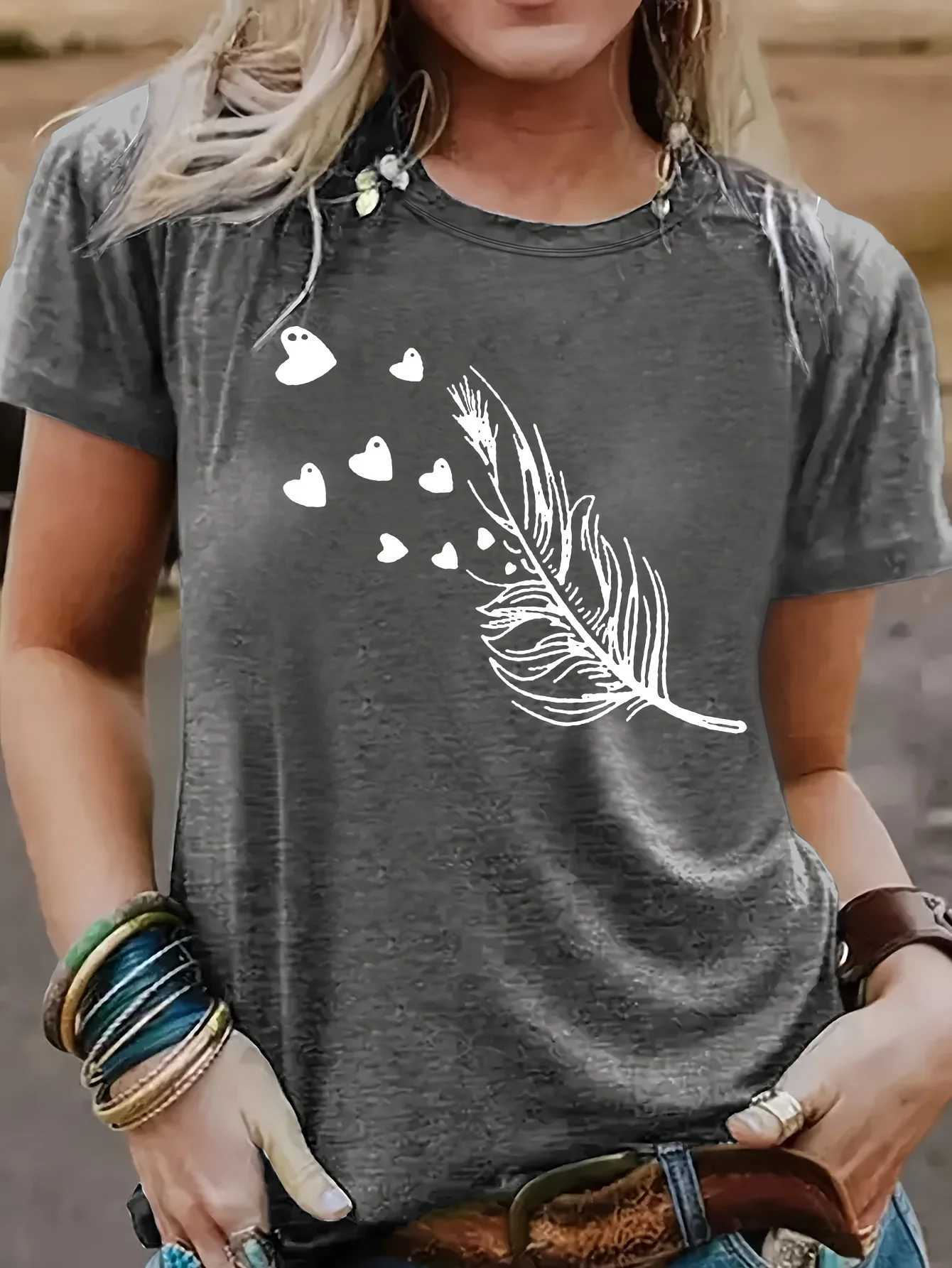 Blue Feather Hearts Womens Tee - Delicate Graphic Soft Romantic Print for Casual Daily Wear M260317
