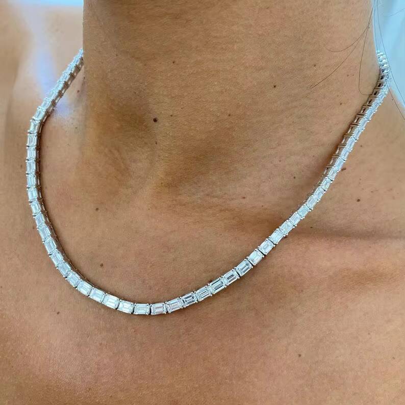 Elegant Trendy 2209ct E VS1 Emerald Cut Lab Grown Diamond Unisex Choker Necklace 14K White Gold Plated Prong Setting IGI