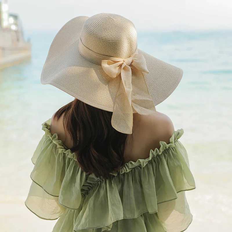 15CM Wide Brim Beach Straw Hats For Women Simple Foldable Summer Outing Sun Hat Fashion Flat Brom Bowknot Uv Protection Panama H260317 - view 5