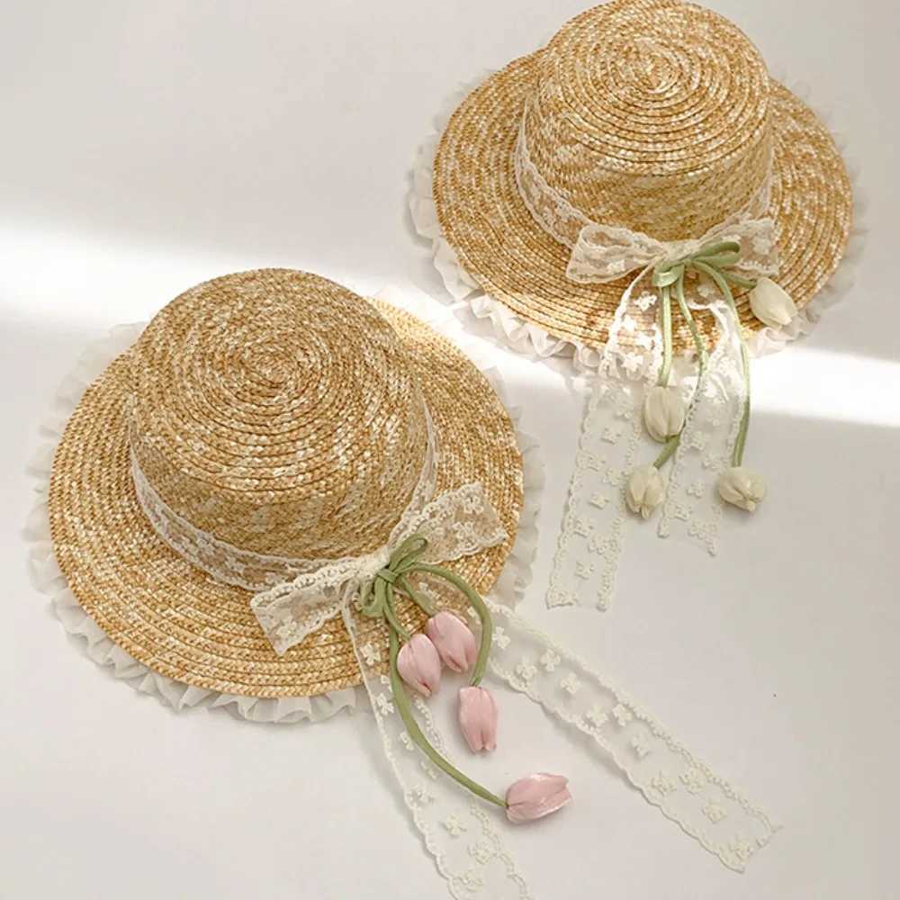 Fashion Sunscreen Lace Bow Straw Hat Flower Weave Outing in Spring Tulip Hat Wide Brim Boho Summer Beach Sun Hat Beachside H260317 - view 6