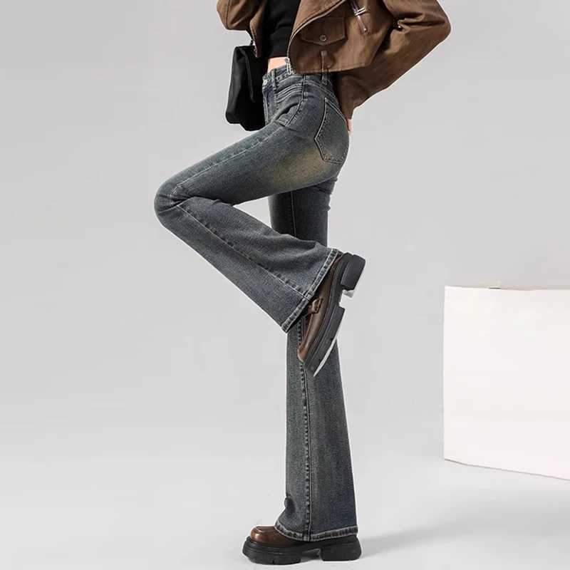 Spring Woman High Waist Vintage Flare Jeans s Korean Y2k 2000s Bell Bottom Pants Female Streetwear Gray Blue Denim Trousers M260317