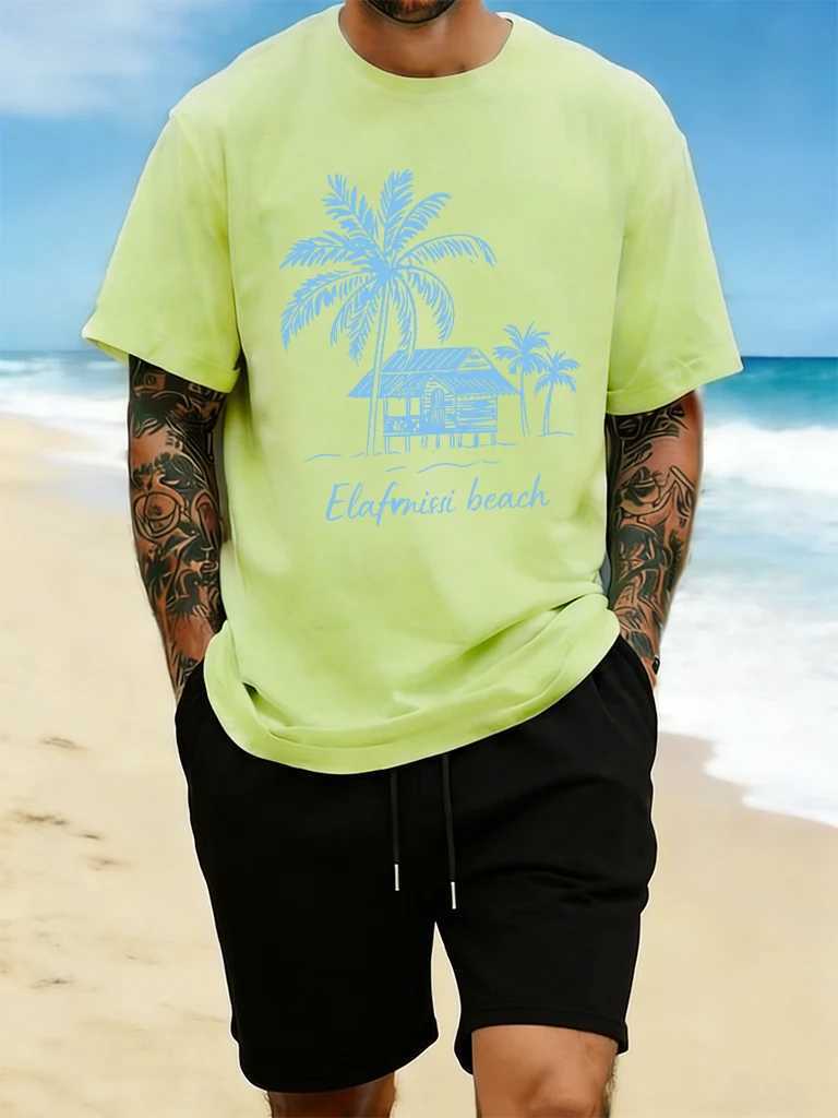 Beach Coconut Trees Creative Printing Men T Shirt O-Neck Cotton Streetwear Casual Oversized Clothing Summer Hip Hop T-Shirt M260317