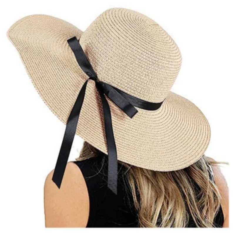 Panama Simple Summer Beach Hat Casual Women Flat Brim Bowknot Straw Cap Girls Floppy Sun Block UV Protection Hat Outdoor Travel H260317 - view 7