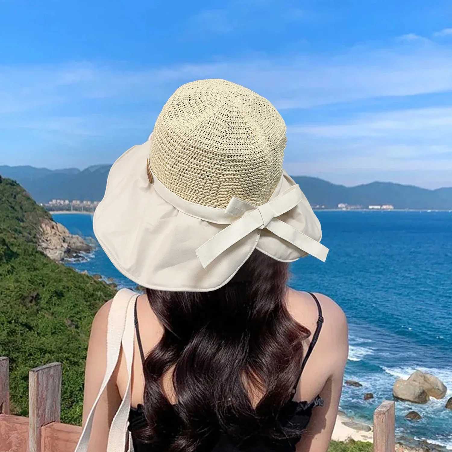 Summer Women Bucket Hats UV Protection Sun Hats Soft Foldable Straw Woven Wide Brim Outdoor Beach Hat Panama Cap Sunshade Caps H260317 - view 6