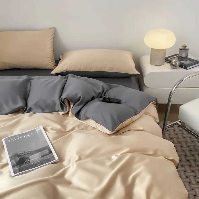 Summer Bedding Set Luxury Ice Silk Four Piece Set Washed Silk Bed Sheet and Quilt Cover Set Summer Cool Feeling Soft Smooth D260317