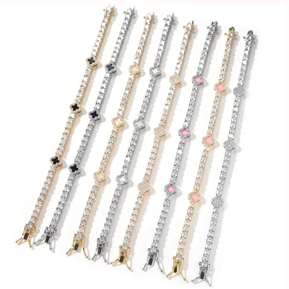 UWIN Mini Pink Clover Tennis Necklace Gold Plated 4 Leaf Clover 4mm Iced Out Tennis Chain Necklace Fashion Jewelry