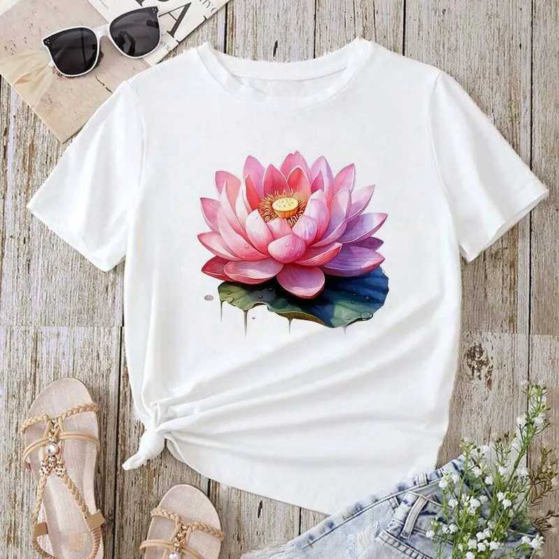 Trendy Lotus Flower Print Women T-shirt Streetwear Short Sleeves Tee Tops Summer Cute Woman Clothes Tops M260317