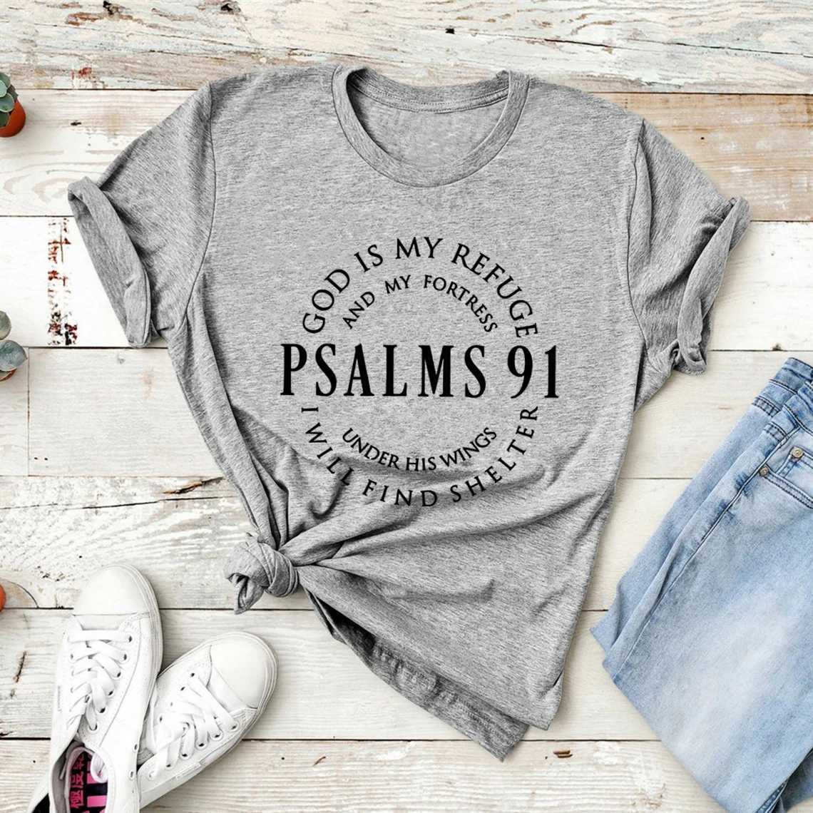 God Is My Refuge Psalms 91 Christian Shirt Christ Jesus Shirts Womens T-shirts Short Sleeve Religious Tshirt Jesus Love Tees M260317