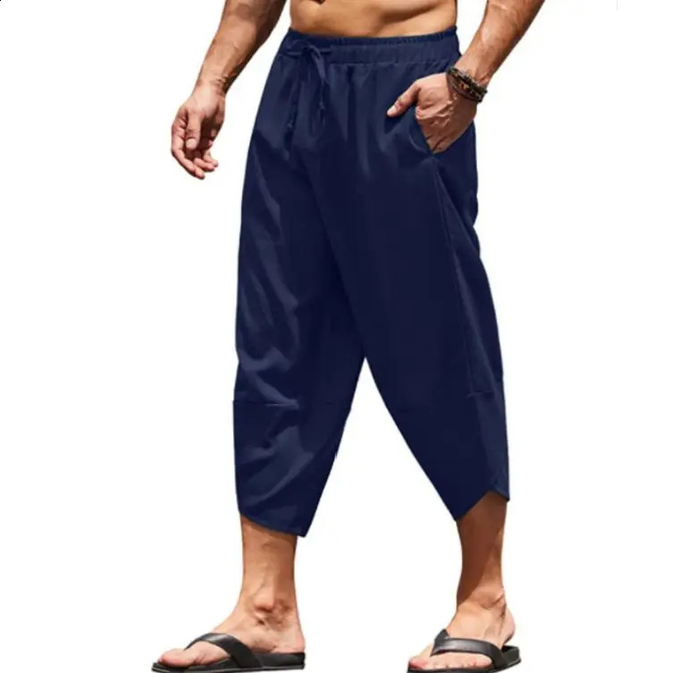 Men Summer Solid Color Pants Harem Shorts Men Elastic Waist Drawstring 3/4 Length Cropped Trousers Baggy Sweatpants260302