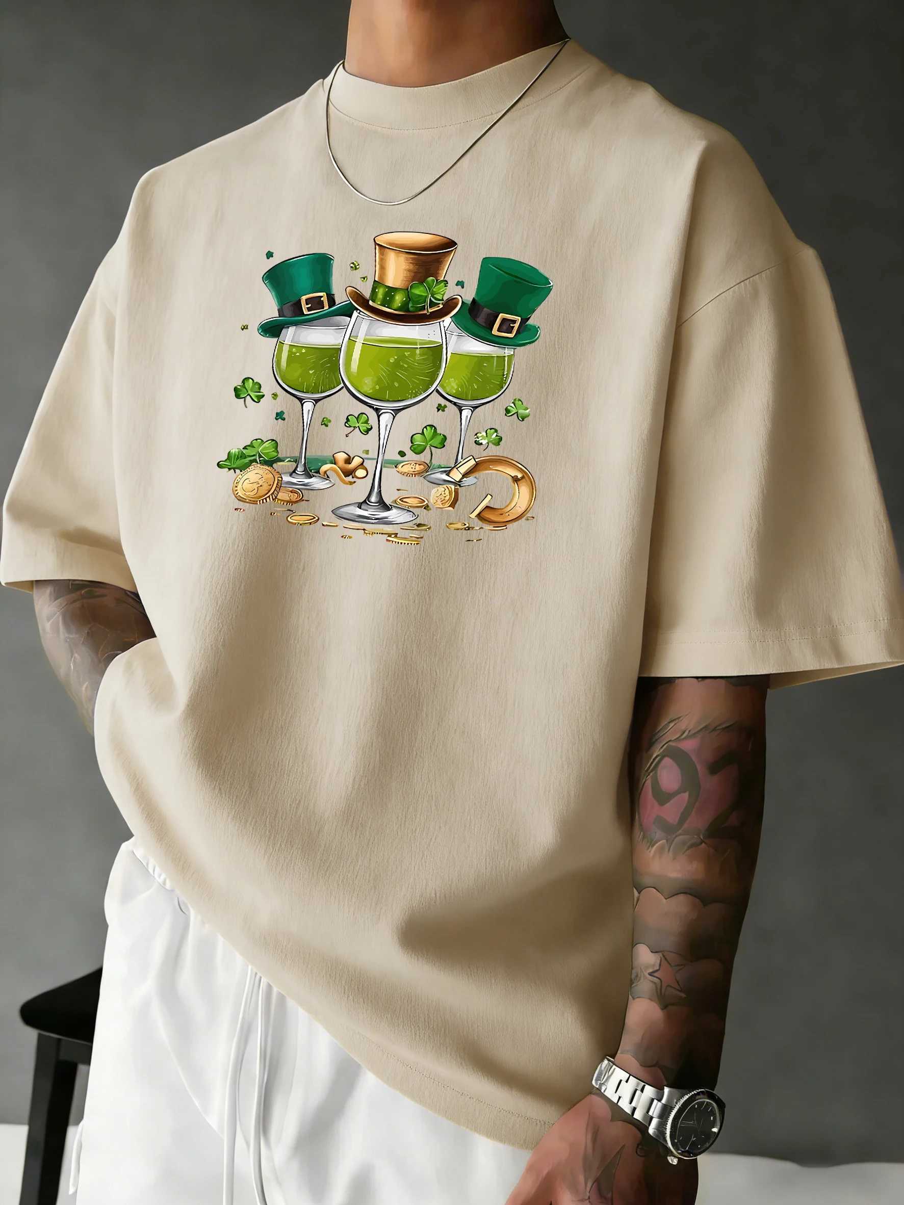 St PatrickS Day Drinkspattern Men Daily T-Shirts Cotton Multicolor T Shirt Hip Hop Summer Short Sleeve Soft All-Match Clothing M260317