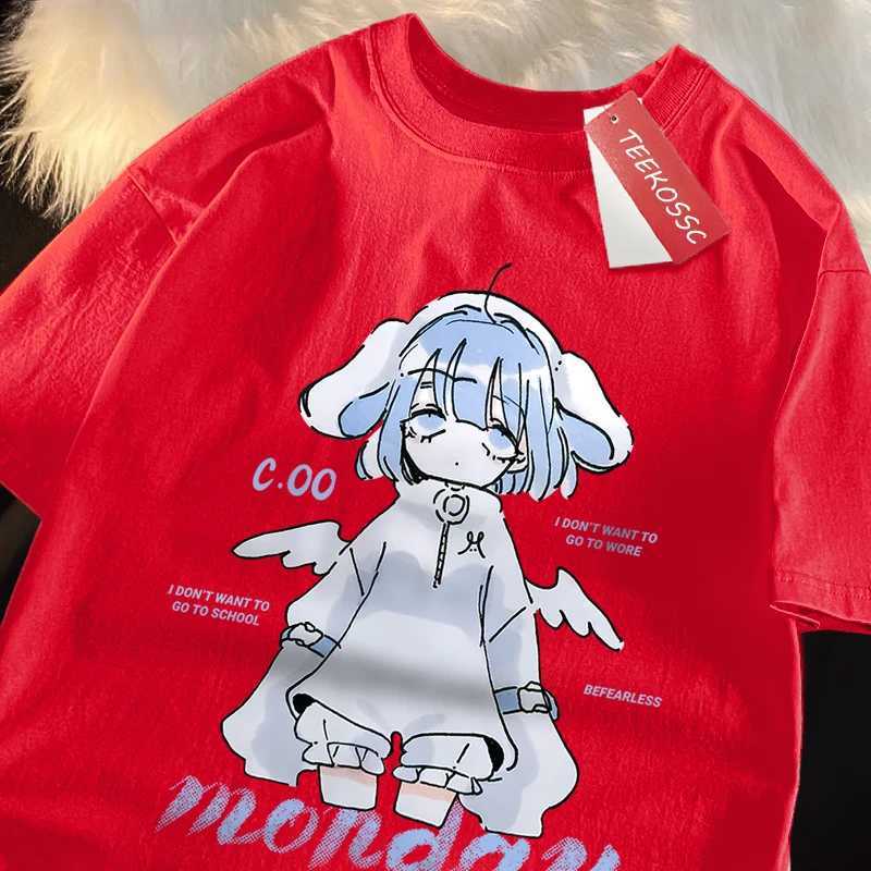 Monday Blue Cartoon Girl Print Japanese Style Male Tshirt Summer Loose Cotton T Shirt Street Tee Clothes Oversize Casual Tops M260317