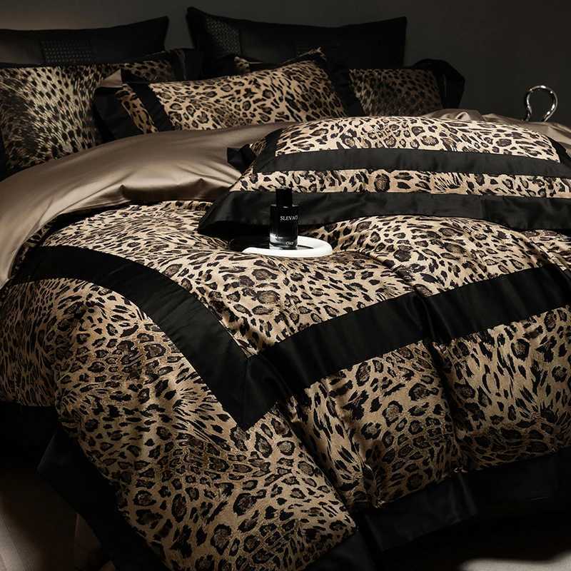1000TC Egyptian Cotton Leopard Print Fashion Luxury Bedding Set Queen King Size Duvet Cover Flat/Fitted Bed Sheet Pillowcases D260317