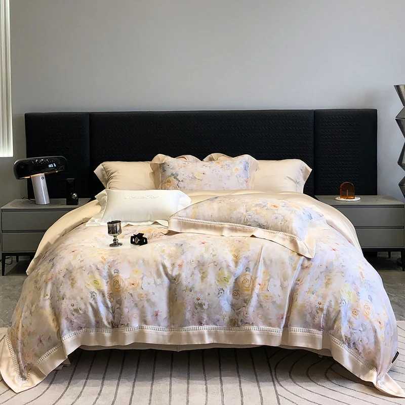 800TC Lyocell Bamboo Fiber Soft Silky Cooling Bedding Set Flower Prints Duvet Cover Set Bed Sheet/Fitted Sheet Pillowcases 4Pcs D260317