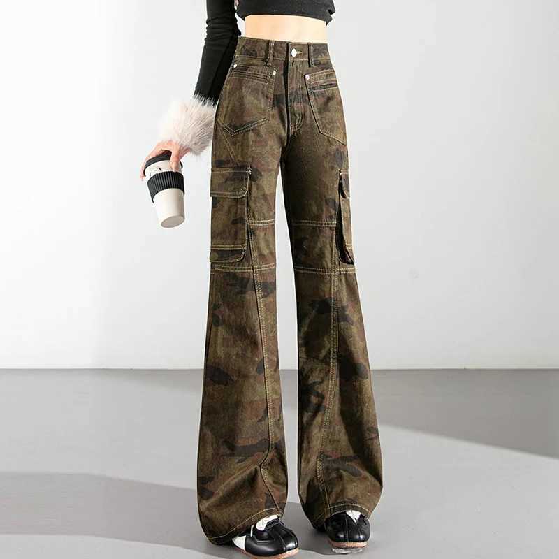2026 Lady High Waist Camouflage Flared Jeans Hot Sale s Retro Thin Straight Leg Pants Women Fashion Denim Trousers M260317