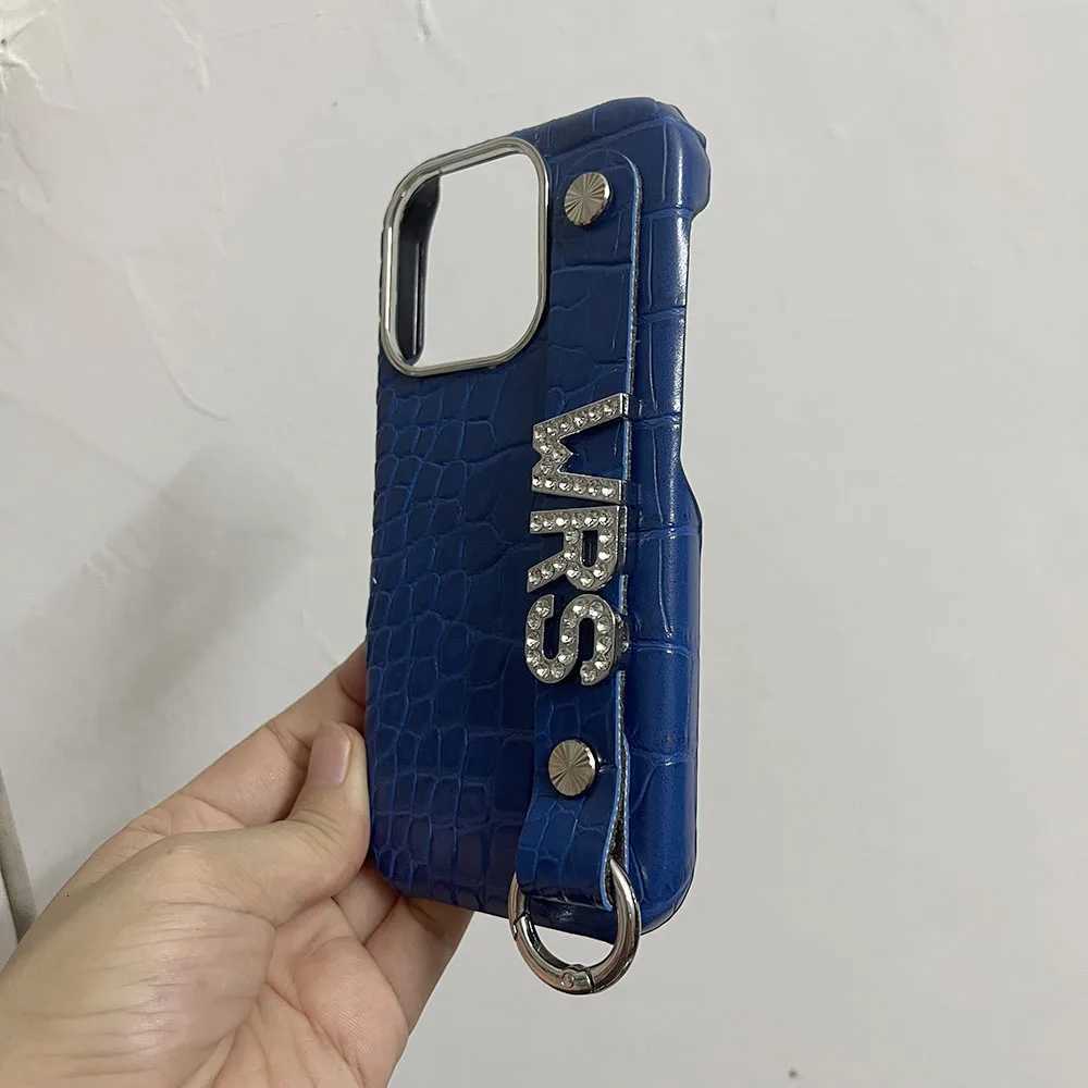 Holding Strap Personalised Cust Name Silve Metal Letters Leather Phone Case For Iphone 14 13 12 11 Pro Max 16prax Cover C260314