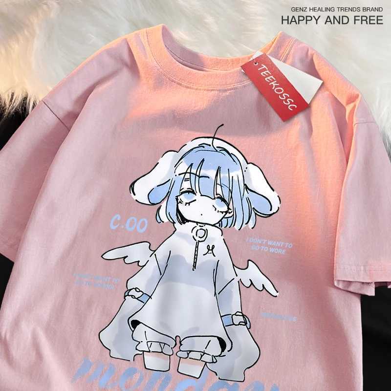 Monday Blue Cartoon Girl Print Japanese Style Male Tshirt Summer Loose Cotton T Shirt Street Tee Clothes Oversize Casual Tops M260317