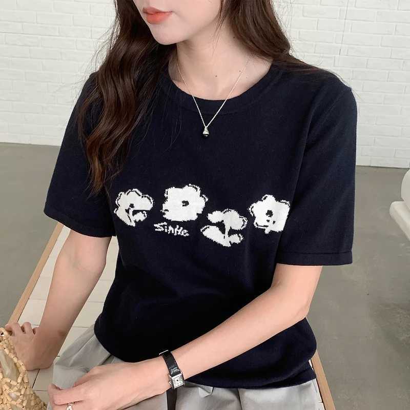 Summer Womens Short Sleeve 100 Cotton T-Shirt Sweater Knit Round Neck Ladies Top Loose Fashion Embroidery Tees Blouse Pullover M260317