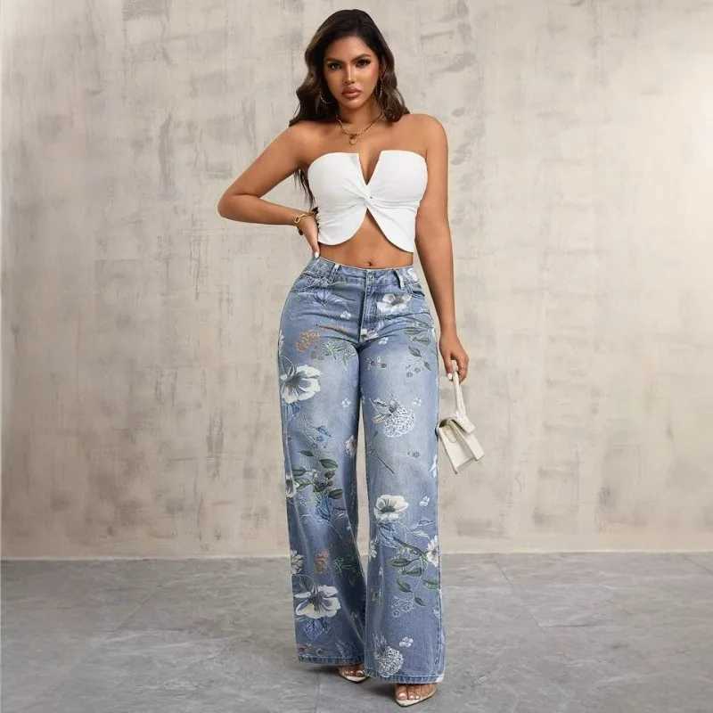 Baggy Pants High Waisted Jeans Womens Gothic Style Mid-Waist Printed American Loose Versatile Design Denim JeansT260317