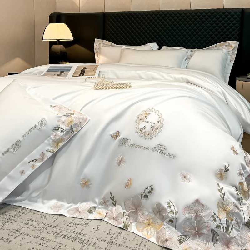 Lyocell Bamboo Fiber Soft Silky Cool Feeling Bedding Set Flower Embroidery Duvet Cover Bed Sheet/Fitted Sheet Pillowcases 4Pcs D260317