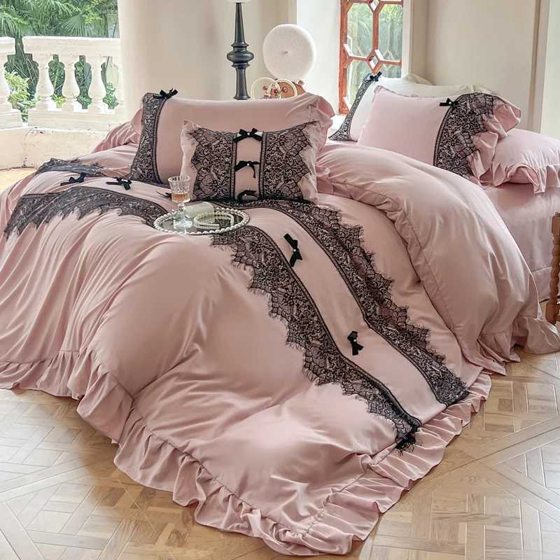 Vintage French Black Lace Ruffles Bedding Set Solid Color Duvet Cover Set Flat/Fitted Bed Sheet Pillowcases With Pillowcases D260317