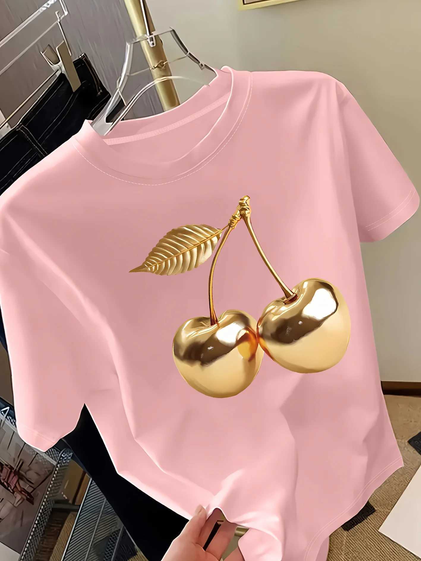 Golden Cherry Print Women Short Sleeve T-Shirt Stylish Casual Tee a Sense of Elegance Versatile Top for Women Minimalist Design M260317