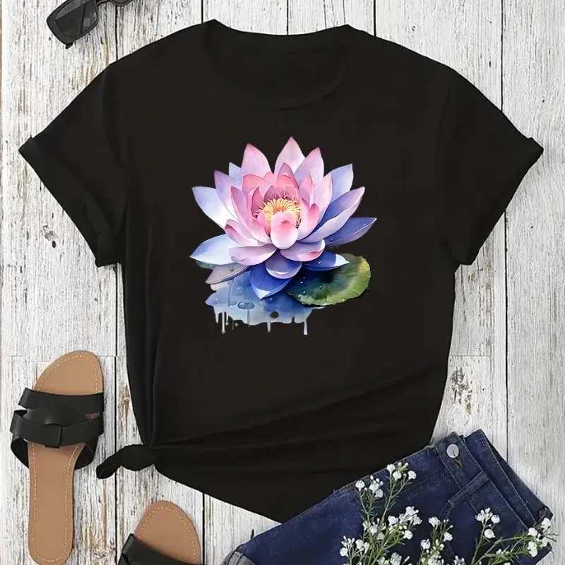 Trendy Lotus Flower Print Women T-shirt Streetwear Short Sleeves Tee Tops Summer Cute Woman Clothes Tops M260317