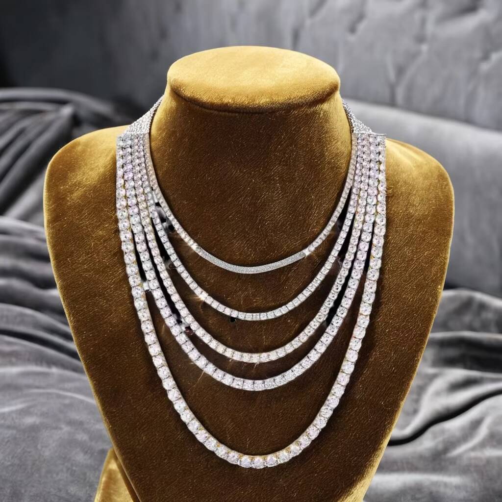 VVS Moissanite 3mm-7mm Tennis Chain Necklace Iced Rose Gold Plated Sterling Silver Trendy Unisex Hip Hop Jewelry IGI Certified