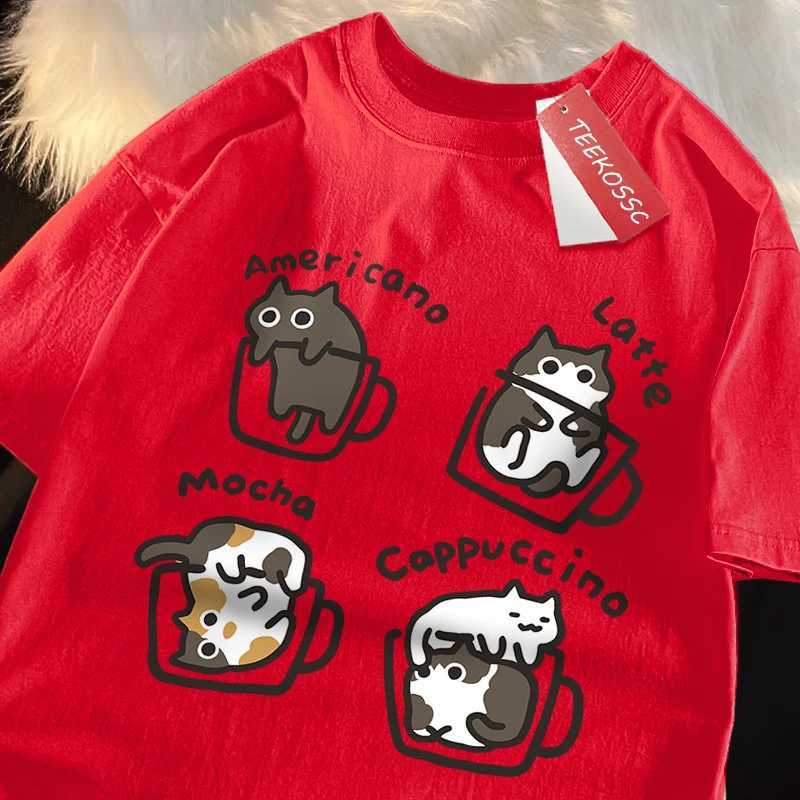 American Style Coffee Cat Print T-Shirts Man Casual Cotton T-Shirt Summer Breathable Tee Clothing Casual Loose Male T-Shirts M260317