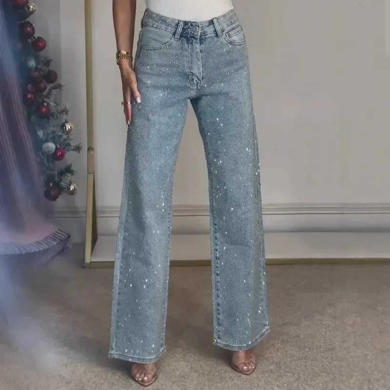 2025 Women Jeans Straight Diamonds Pants Stretch High Waist Washed Mom Jeans Y2k Streetwear Trousers Vintage Denims StreetwearT260317
