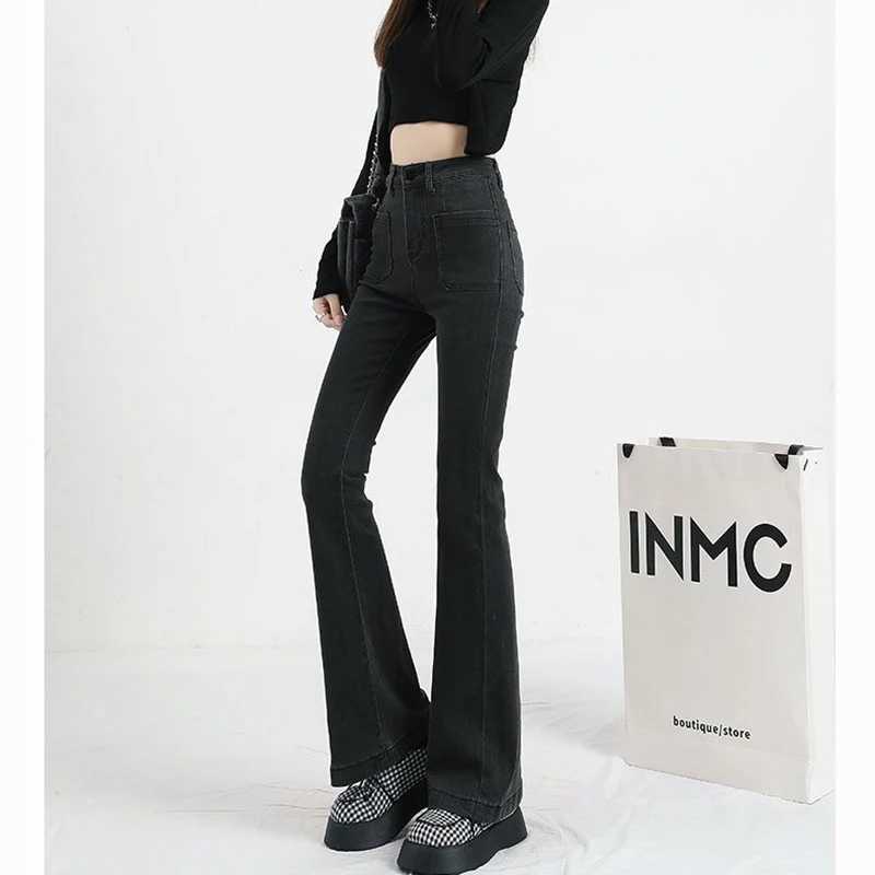 Classic Designer Women Straight Leg Flared Jeans Lady Korean High Waist Solid Denim Pants s Fashion Black Gray Trousers M260317