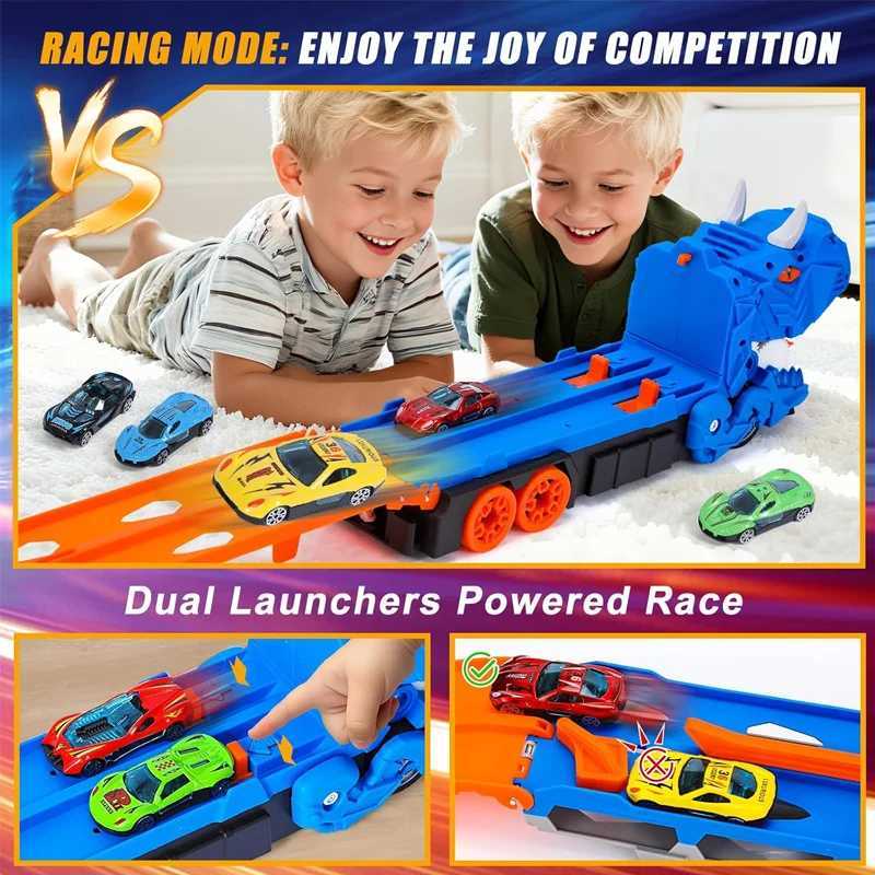 Dinosaur Transport Racing game Toy Set With 12 Molded Racing Cars Transforming Dinosaur Car With Handle Gift For Kids Aged 3-5 Y260316