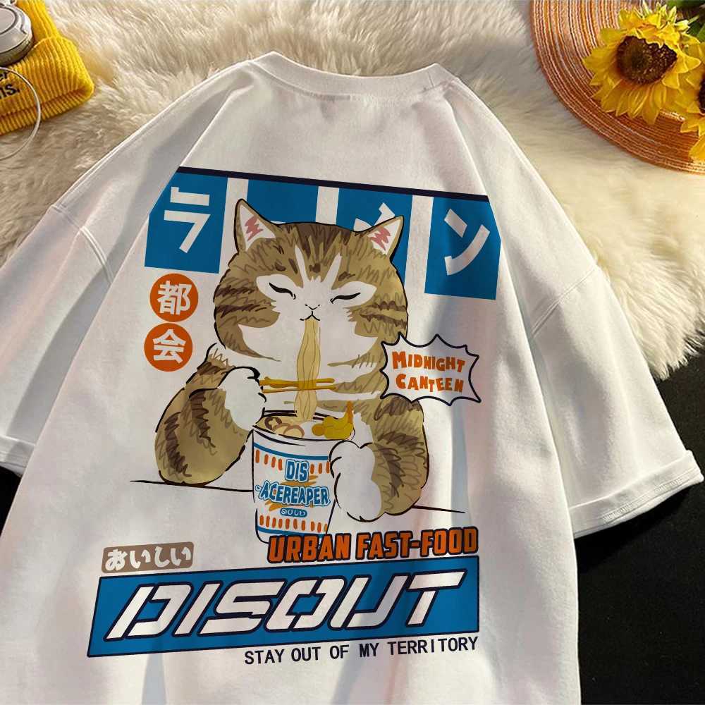 Harajuku Cat Cartoon Eating Noodles Graphic Men Women Tshirts Casual Short Sleeve Tees Japan Style Oversized S-XXXL T Shirt Tops M260317