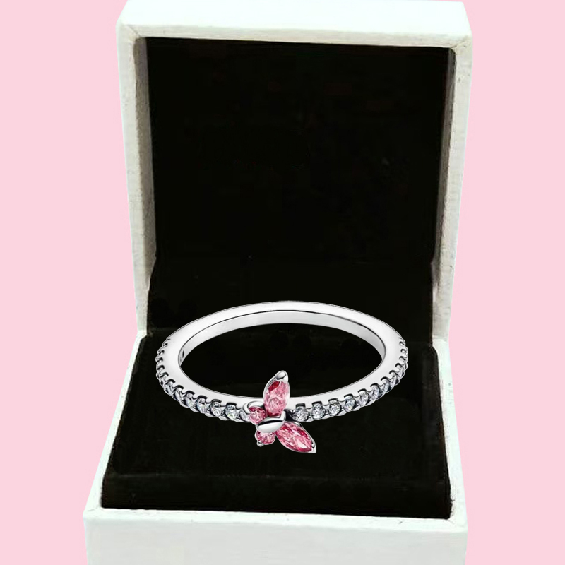 New Arrival Designer Pink Blue CZ Diamond Butterfly Rings Women S925 Sterling Silver Christmas Wedding Birthday Engagement Gifts Jewelry