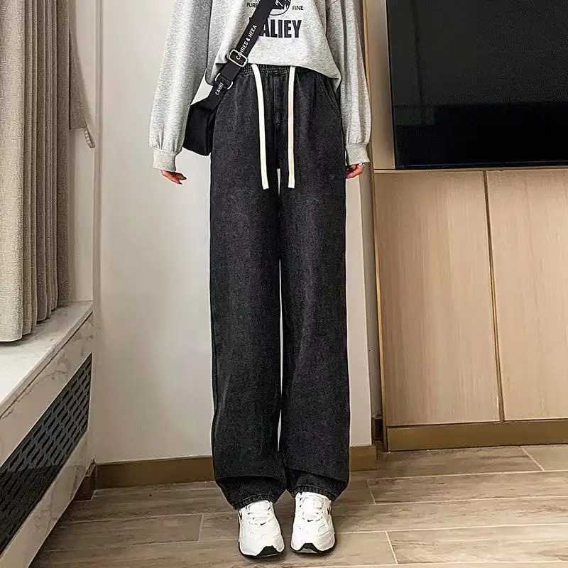 Spring Autumn New Fashion Elastic Waist Drawstring Solid Jeans Womens Clothing Pocket Korean All-match Trend Chic Straight PantT260317