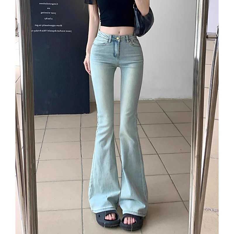 Women High Waist Blue Flared Jeans Pants 2025 Korean Female Straight Leg Denim Trousers Lady Classic Thin Daily Pants M260317