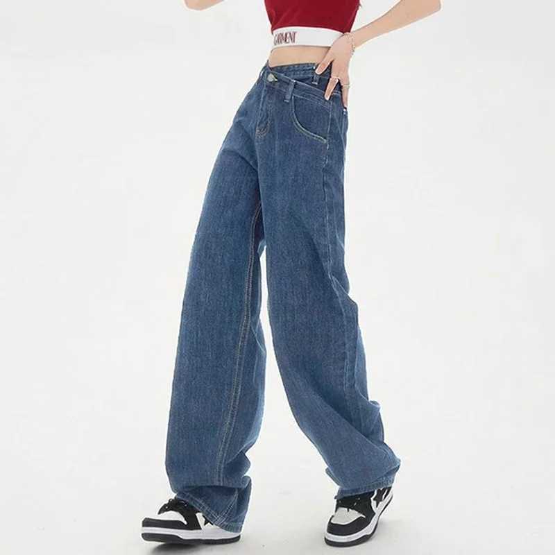 2025 Woman Ins Fashion Cross High Waist Jeans s Streetwear Basic Straight Leg Pants Lady Solid Baggy Wide Leg Denim Trousers M260317