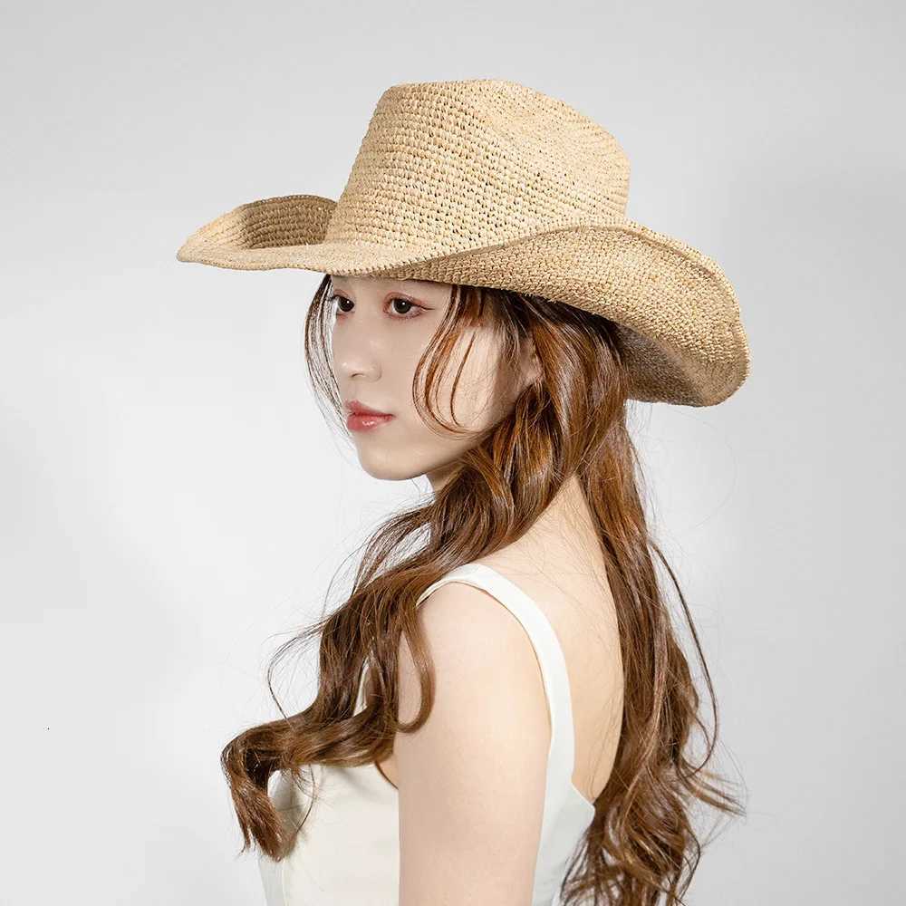 USPOP Hand-crocheted Natural Raffia Straw Cowboy Hat for Women Men Summer Wide Brim Sun Hat Outdoor Breathable Beach Caps H260317 - view 3