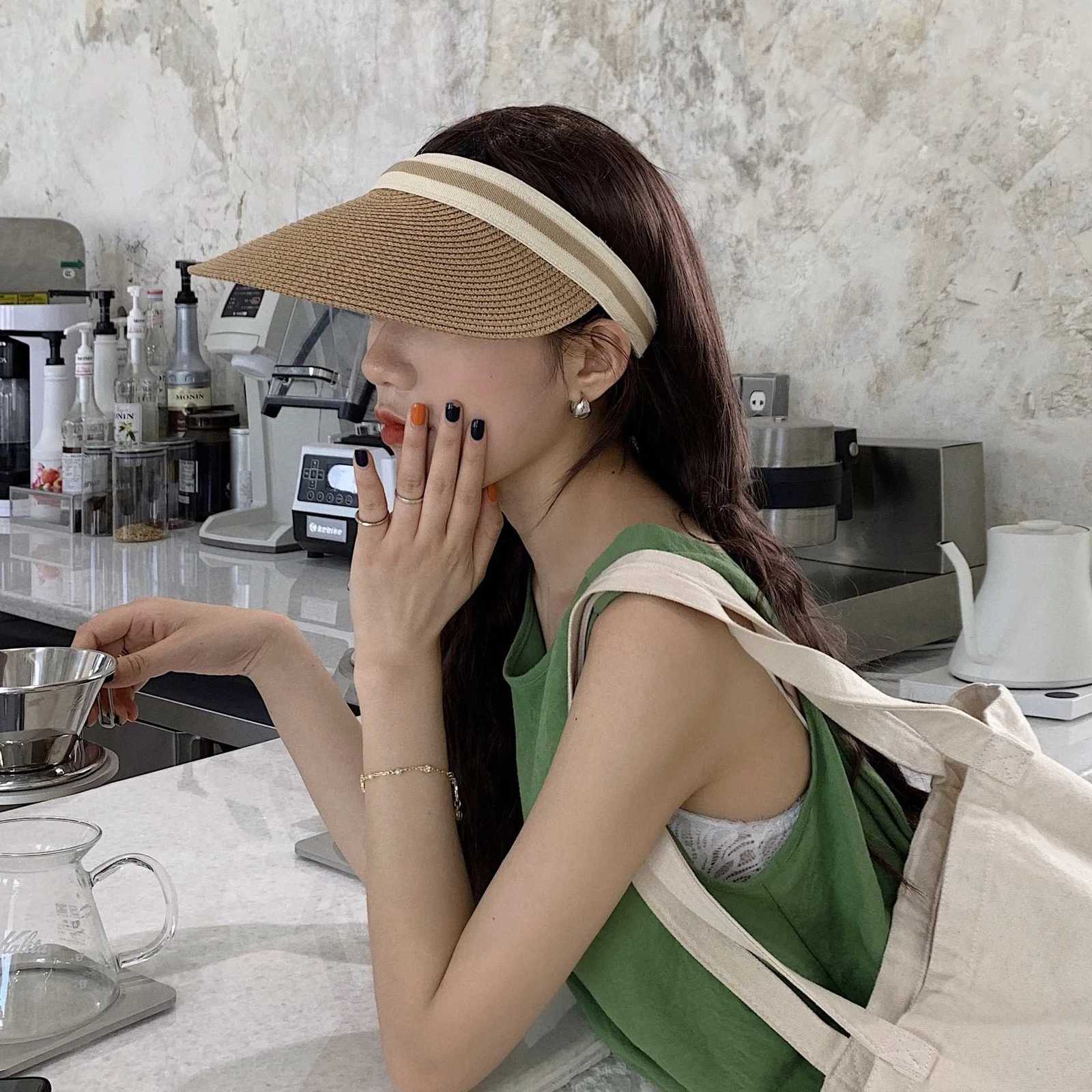 Y2K Womens Visor Beach Hat Packable Straw Caps Summer Empty Top Hats with Decoration Pearl Beach Outdoor H260317 - view 4