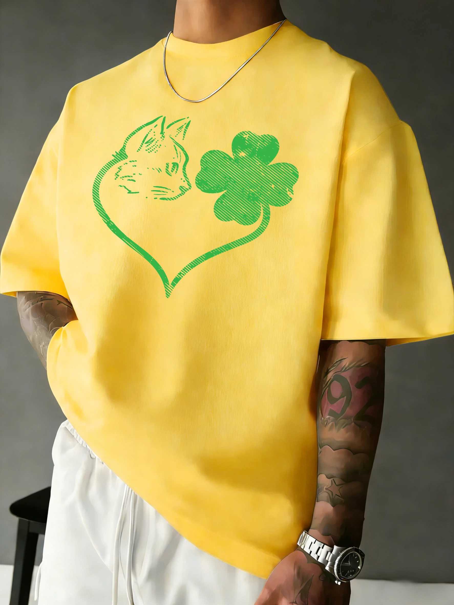 Clover Heart Catprint Basic Simple T-Shirt Man Cotton Crewneck T Shirts Summer Oversized Clothes Breathable Sport Short Sleeve M260317