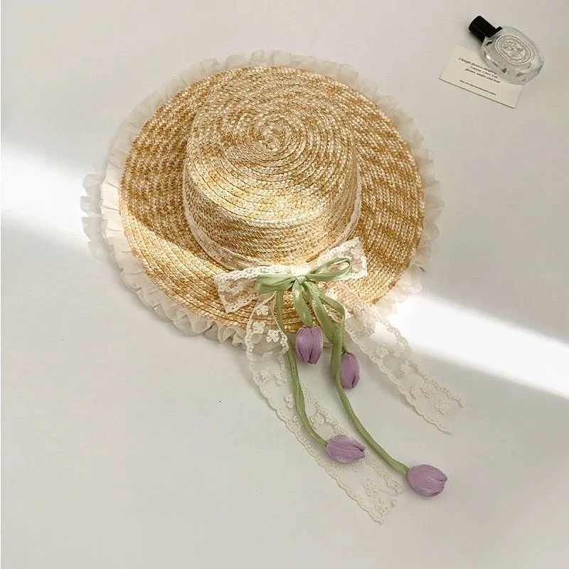 Womens Sun Protection Hats Tulip Bow Sweet Kawaii Fashionable Countryside Style Grass Hats Beach Ribbon Woven Grass Sun Hats H260317 - view 6