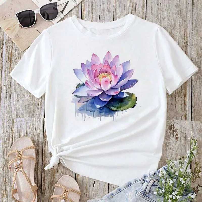 Trendy Lotus Flower Print Women T-shirt Streetwear Short Sleeves Tee Tops Summer Cute Woman Clothes Tops M260317