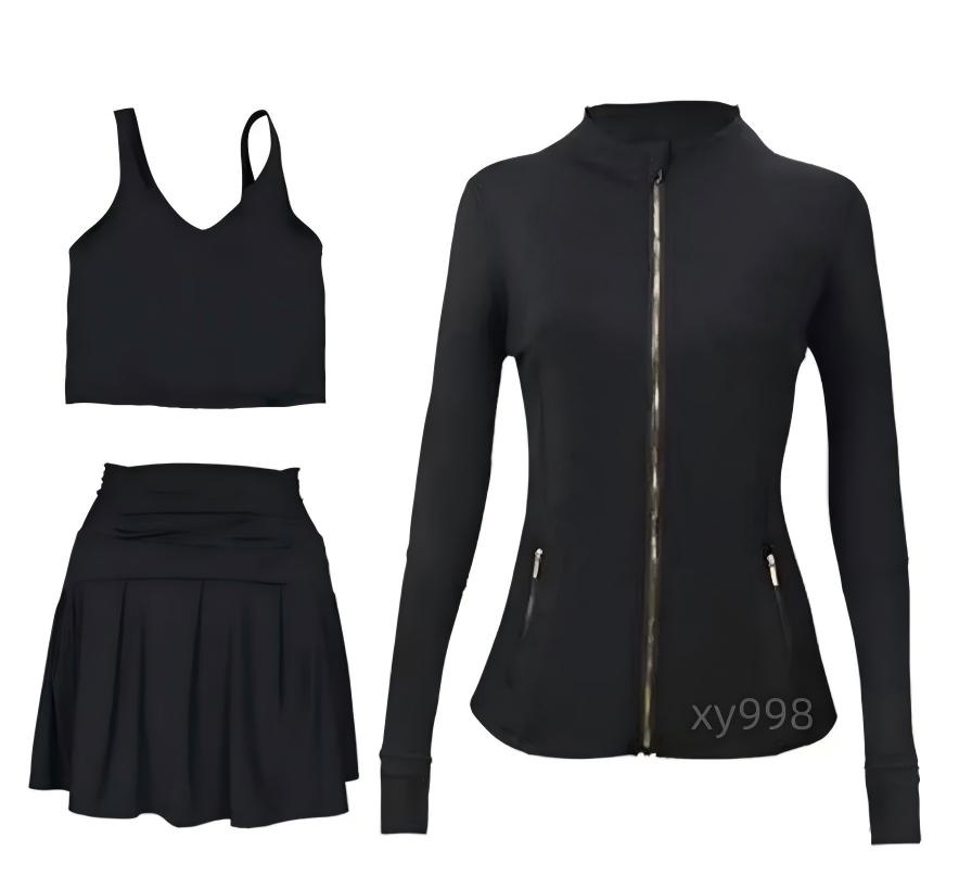 Women Yoga Tennis skirt gold jacket Shorts + Jacket Skirt + Vest + Jacket set Outfit Solid Color Nude Sports Shaping Waist Fitness Jogging Sportswear