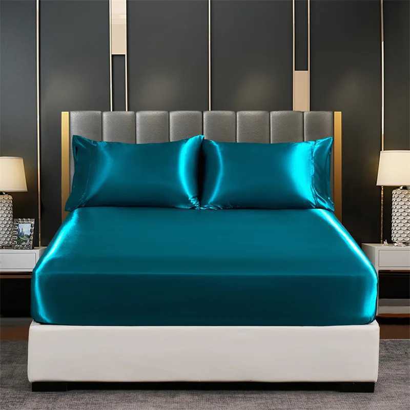 Summer Luxury Satin Silk-like Bed Sheet Set Flat Sheet/Fitted Sheet Pillowcase Solid Color Mattress Cover Twin Full Queen D260317