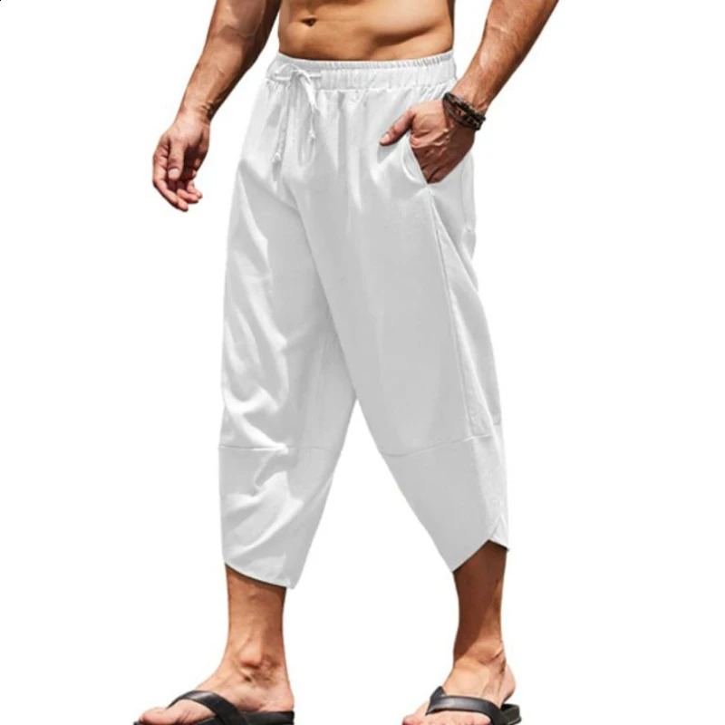 Men Summer Solid Color Pants Harem Shorts Men Elastic Waist Drawstring 3/4 Length Cropped Trousers Baggy Sweatpants260302