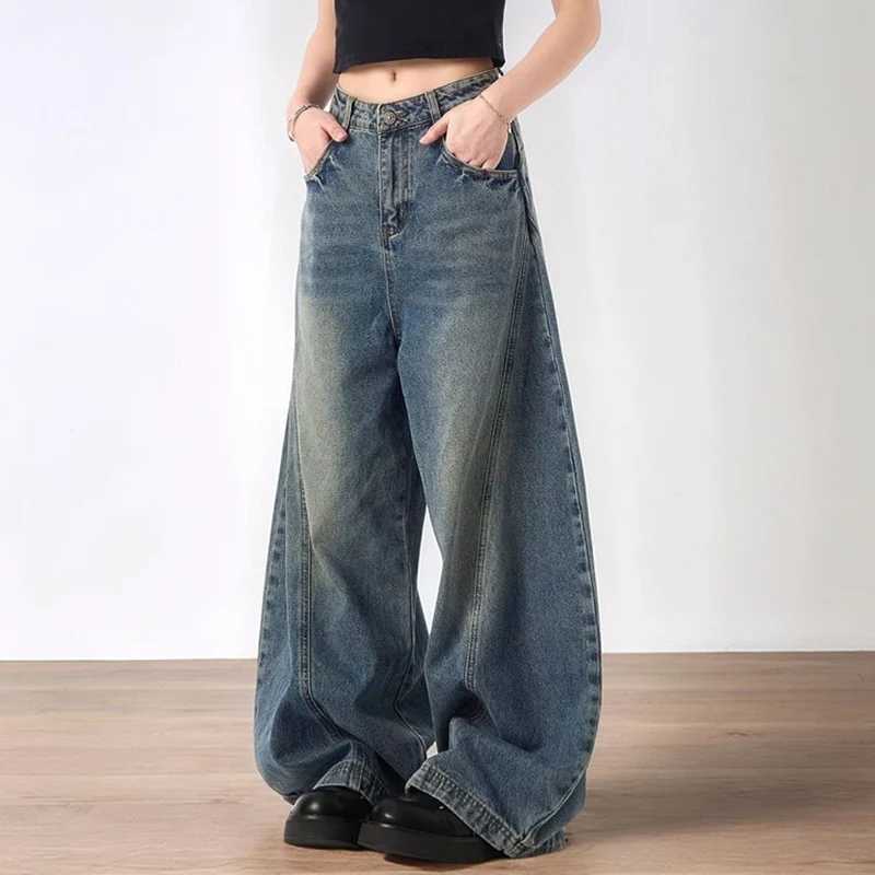 Lady Retro Baggy High Waist Jeans Female Comfortable Solid Wide Leg Denim Trousers Women Korean Fashion Casual Pants M260317