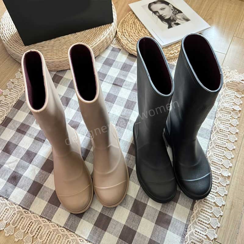Designer Rain Boots Thick Heel Thick Sole Long Boots Fashion Square Toe Women Rain Boots Men Women Rubber Boots New Waterproof Anti Slip High Tube Rain Shoes Pure Color