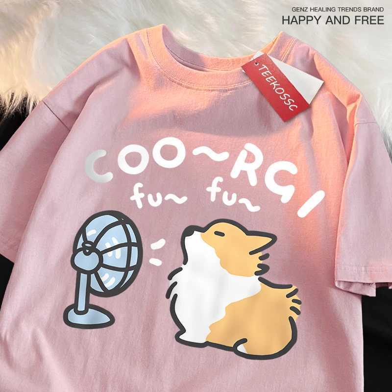 Wind Blowing Corgi Dog Fun T-Shirts Men Women Brand Loose Casual Short Sleeve Summer Tshirt Soft Breathable Cotton Brand Tops M260317
