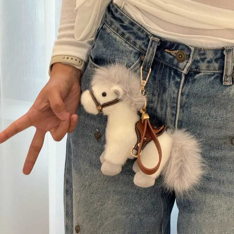 Cute Plush Horse Keychain Fluffy Stuffed Pony Bag Charm With Leather Strap Kawaii Western Style Accessory For Women Kids Gift H260318 - view 6