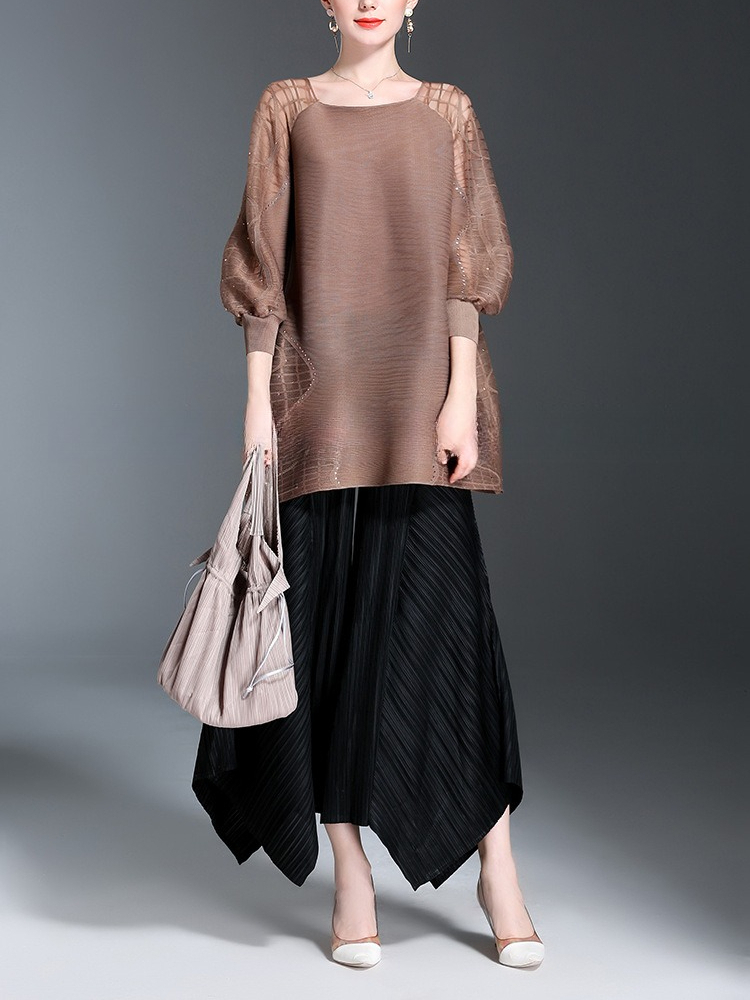 260GY302 Womens Loose Capris High Temperature Set Pleated Wide Leg Pants Summer Casual Vertical Stripe Punk Street Fashion