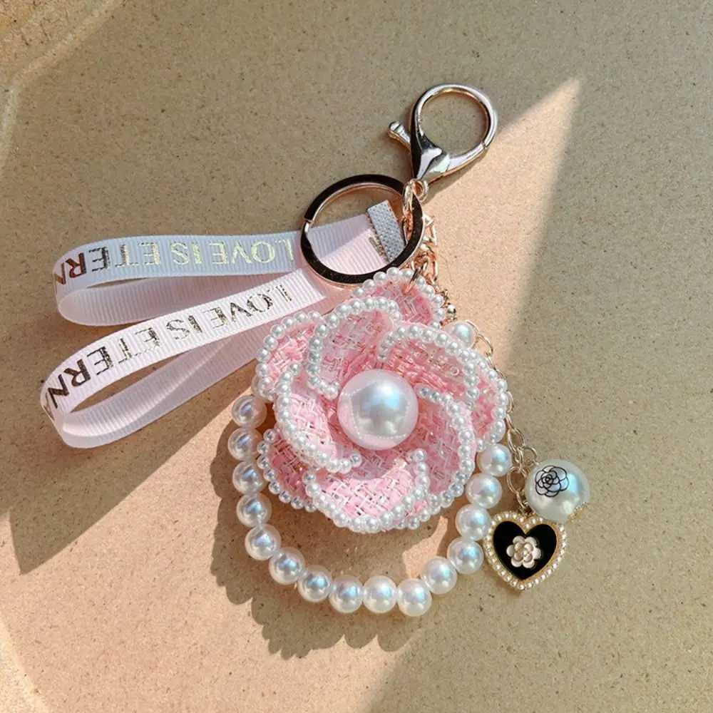 Creative Letter Camellia Flower Keychain Key Decor Ornaments Pearl Flower Keyring Accessories Korean Bag Hanging Pendant Girl H260318 - view 5